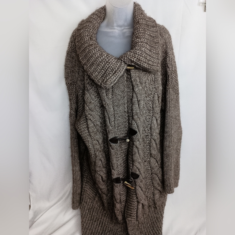Paola Mandredi Wool Alpaca L Coatigan Long Winter Brown Cable Knit Sweater‎ - Picture 10 of 10